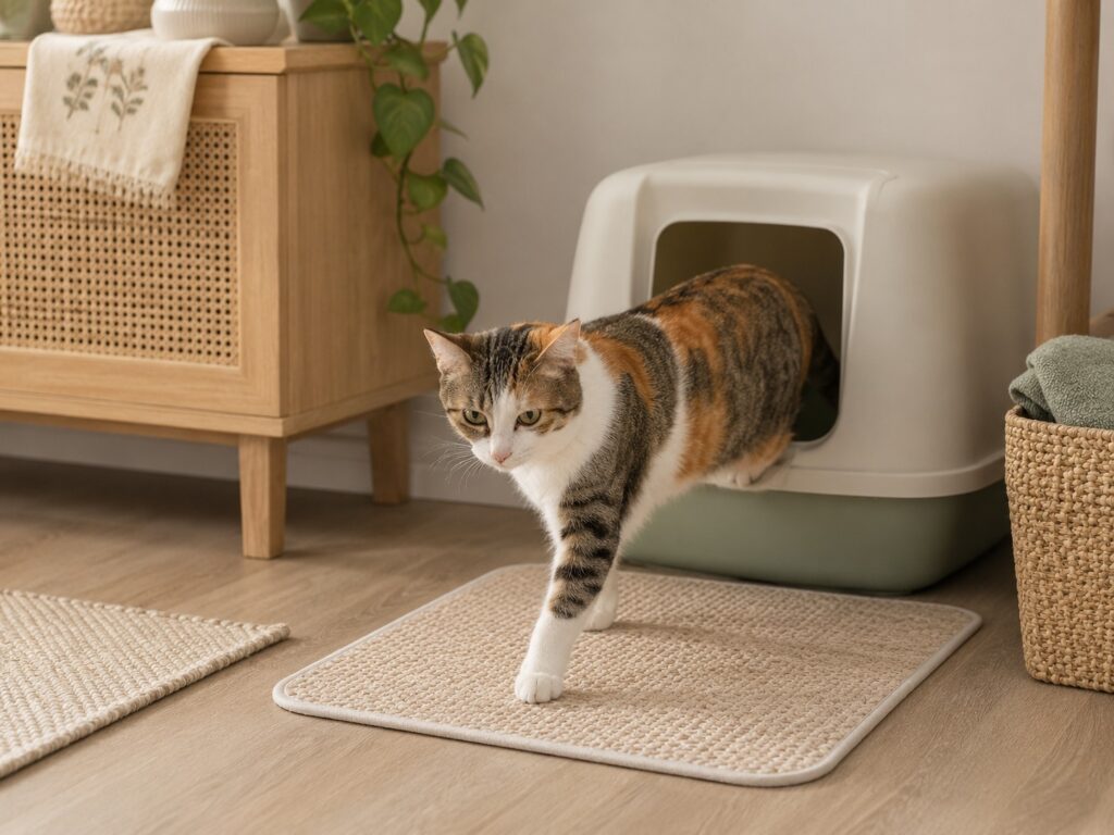 A clean litter box area with low-tracking cat litter and a litter mat in a cozy home
