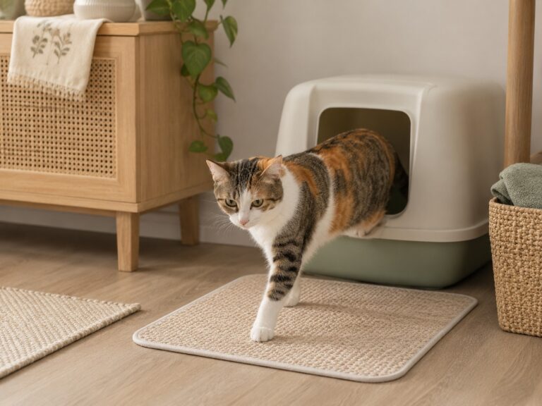 A clean litter box area with low-tracking cat litter and a litter mat in a cozy home