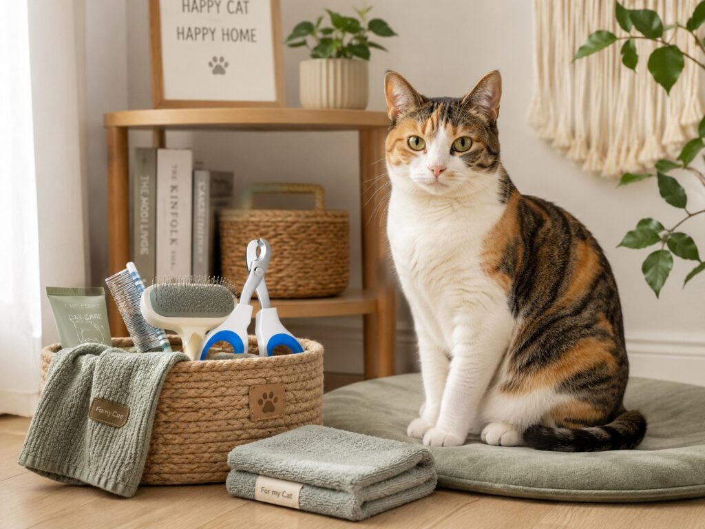 A calm cat beside nail clippers and grooming tools in a cozy home setup
