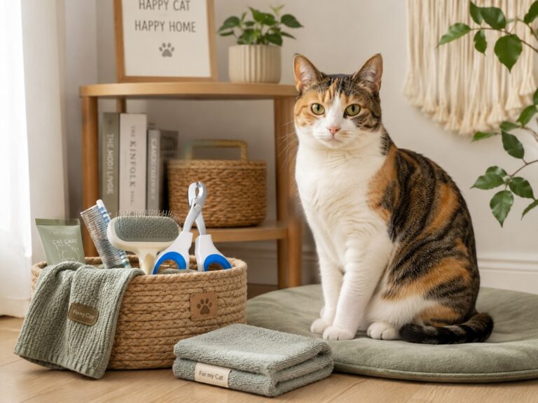 A calm cat beside nail clippers and grooming tools in a cozy home setup
