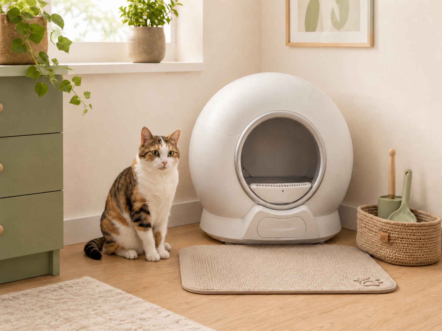 A calm cat sitting beside a modern self-cleaning litter box in a clean cozy home corner