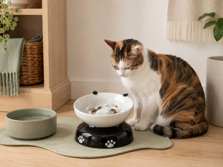 A calm cat sitting beside a slow feeder bowl in a cozy indoor feeding corner