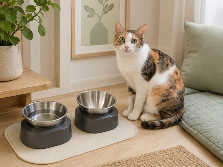 A calm cat sitting beside stainless steel cat bowls in a clean cozy feeding corner