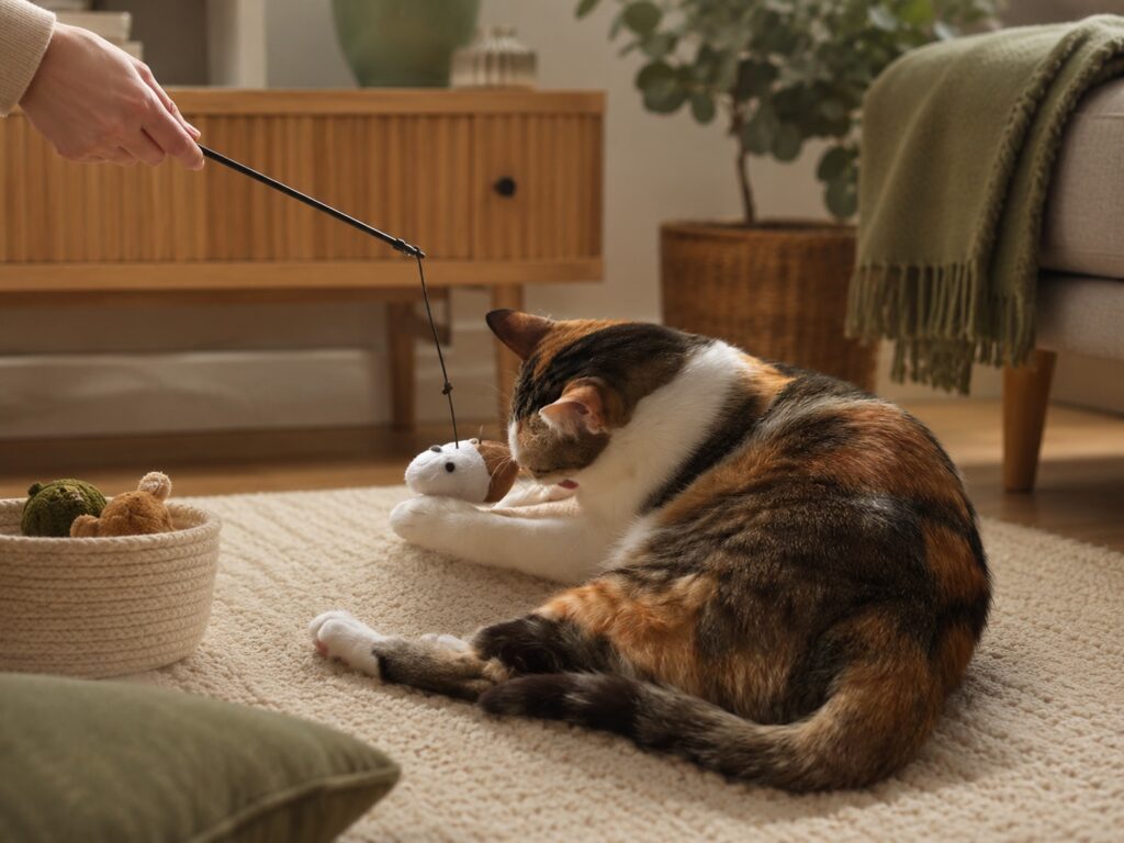 A cat playing with a feather wand toy in a cozy indoor home setting
