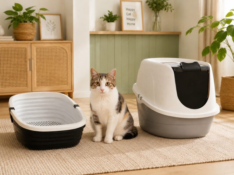 A covered litter box and open litter box shown side by side in a cozy indoor cat care setup