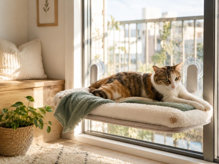 A calm cat resting on a cozy window perch in warm sunlight