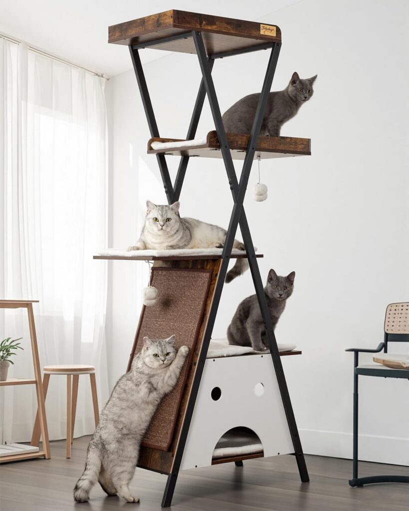 Feliskyn 67-inch modern wood cat tower with spacious perches and washable pads