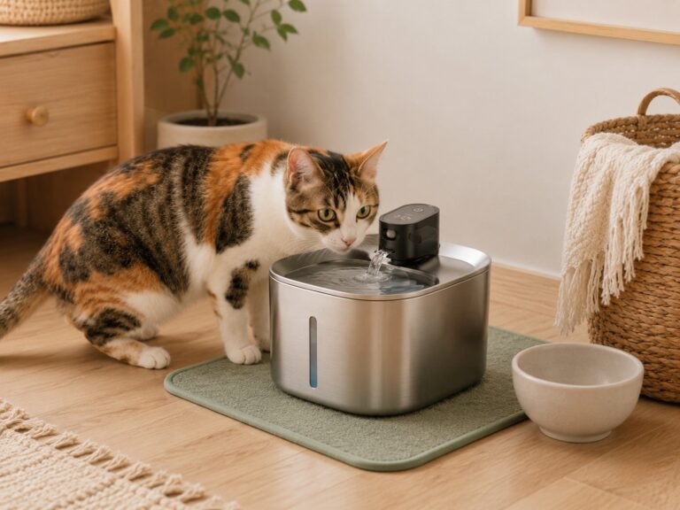 A clean cat water station with a wide shallow bowl in a cozy home
