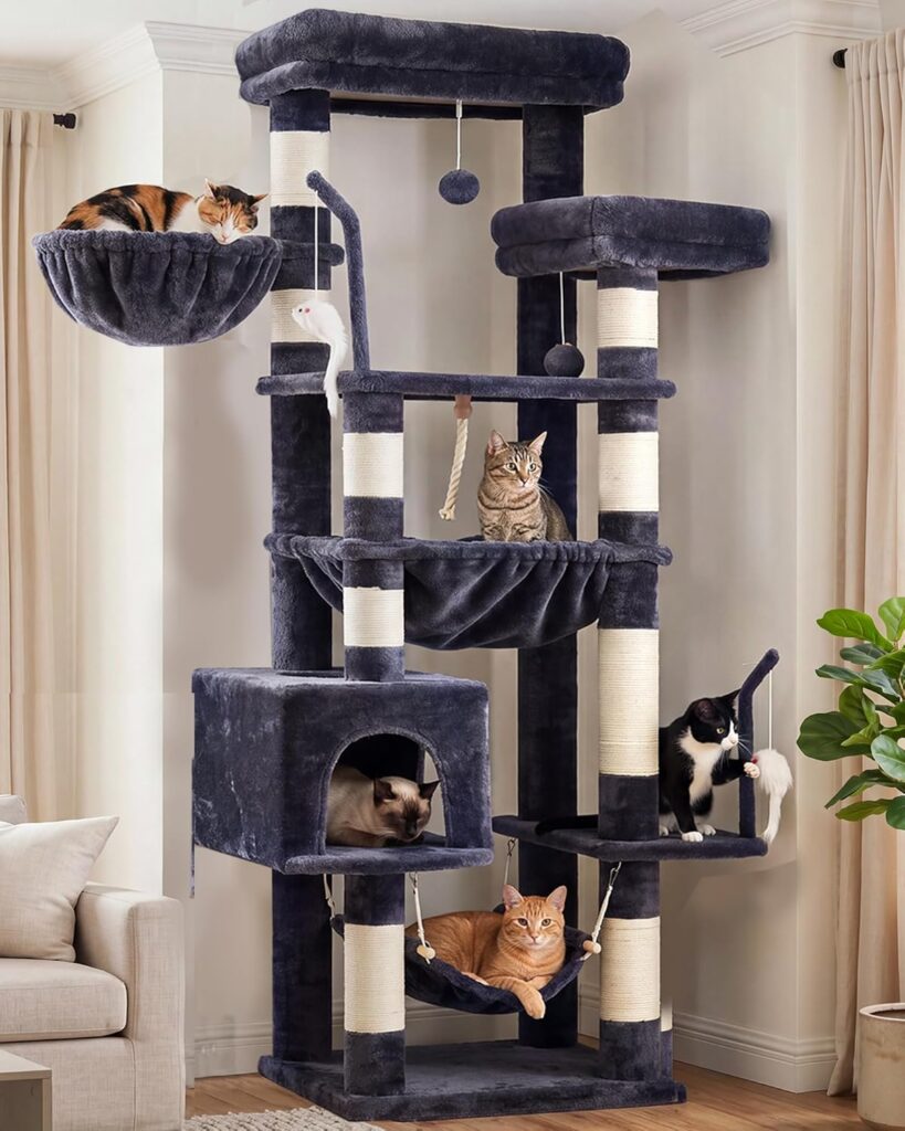 Gitelsnour 63-inch cat tower with two platforms, two baskets, and enclosed condo