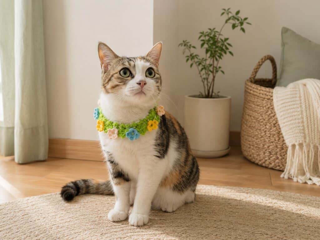 Cat wearing a green crochet neck warmer with pastel flowers
