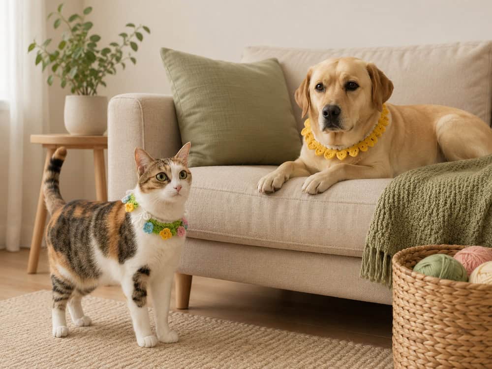 Calico cat wearing a handmade green crochet neck warmer with pastel flowers
