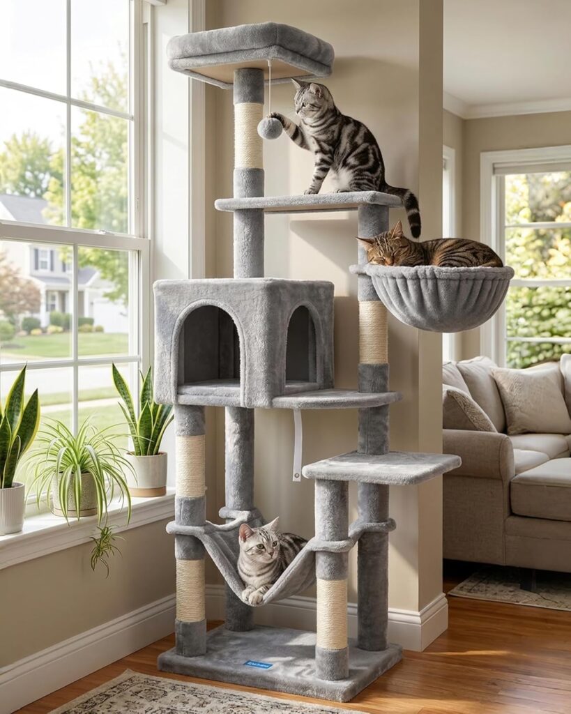 Hey-brother cat tower for large cats with hammock, condo, basket, and top perch