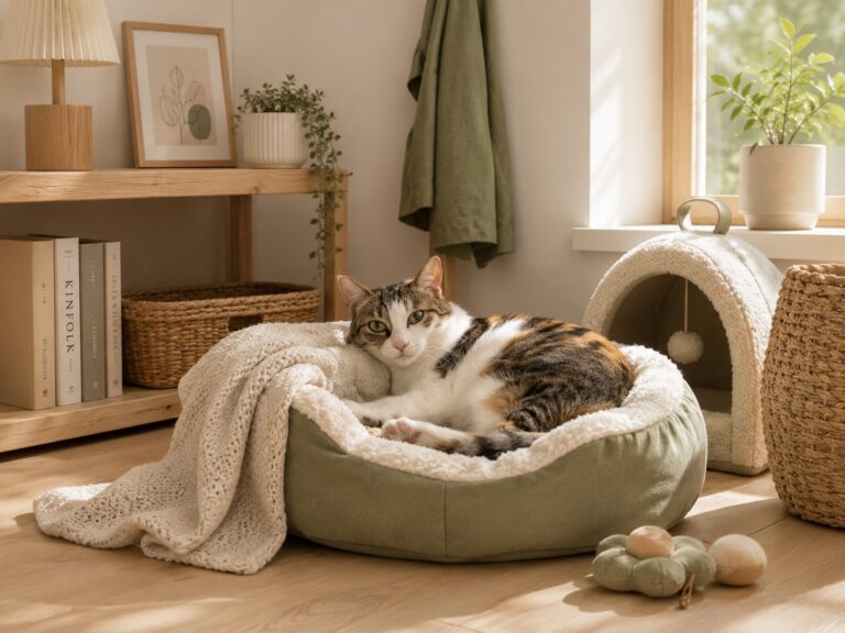 A calm cat resting near a soft covered bed in a cozy safe home corner