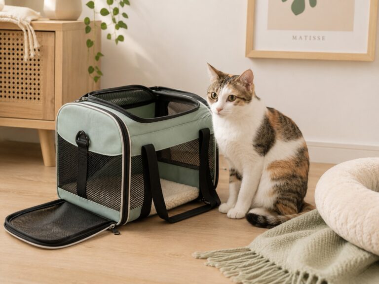 A calm cat sitting beside an open cat carrier in a cozy home