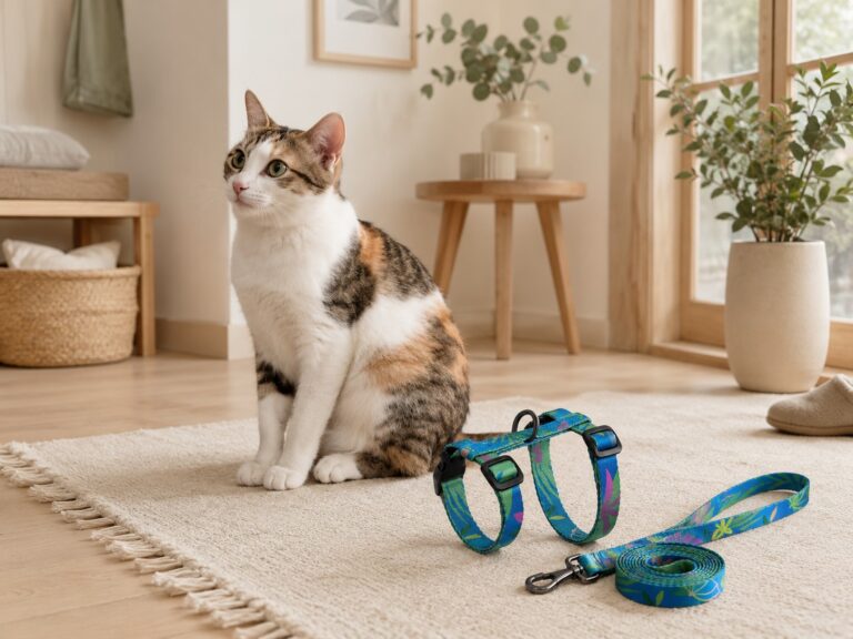 A calm cat sitting beside a soft cat harness and leash in a cozy home