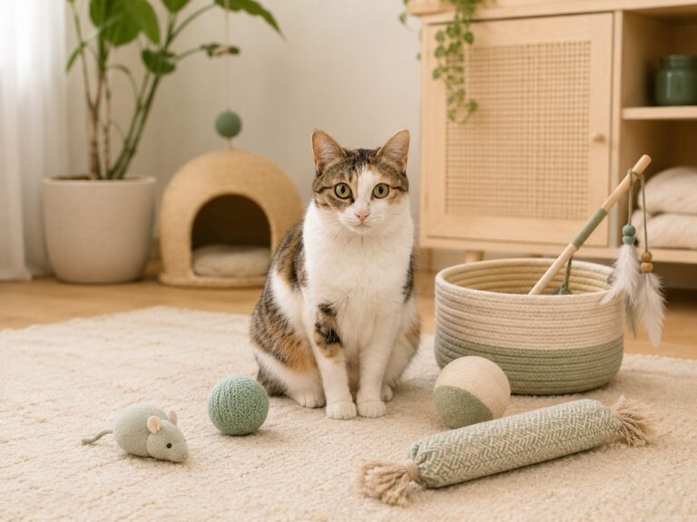 A calm cat sitting beside safe cat toys in a cozy indoor play corner