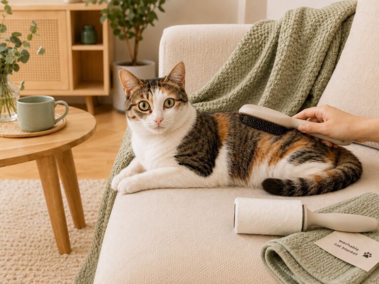 A calm cat sitting beside a grooming brush lint roller and washable blanket in a clean cozy home