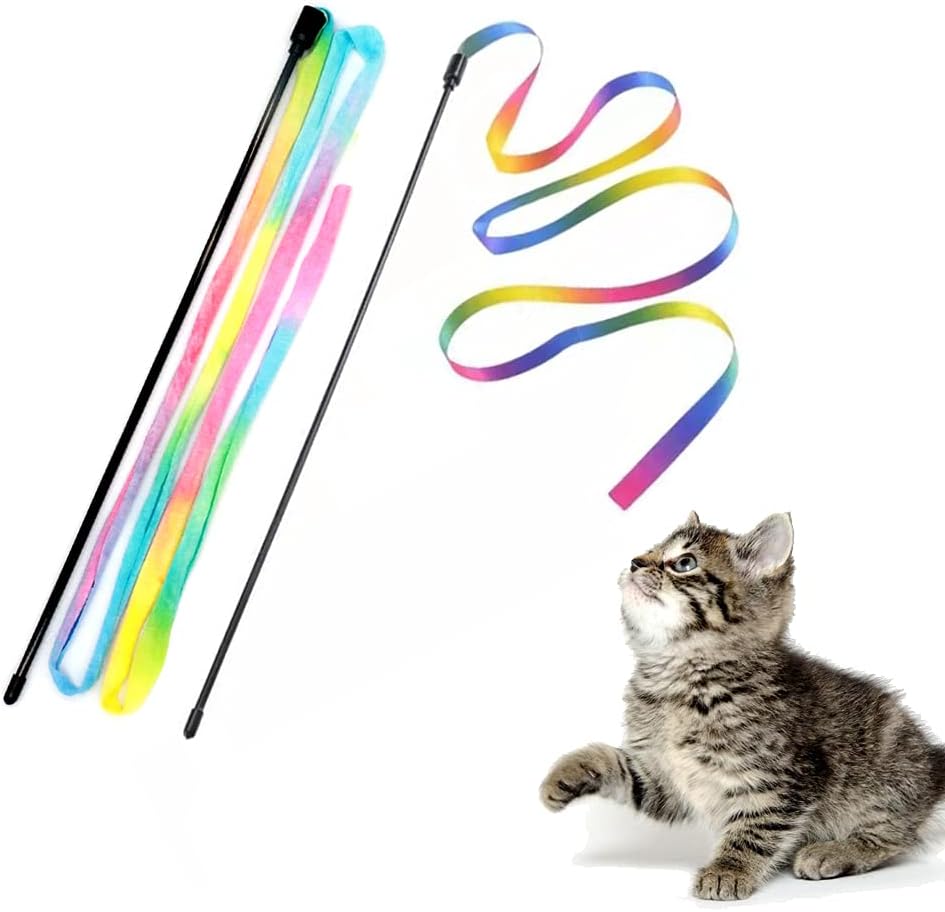 LASOCUHOO rainbow ribbon cat charmer wand toy for cats and kittens