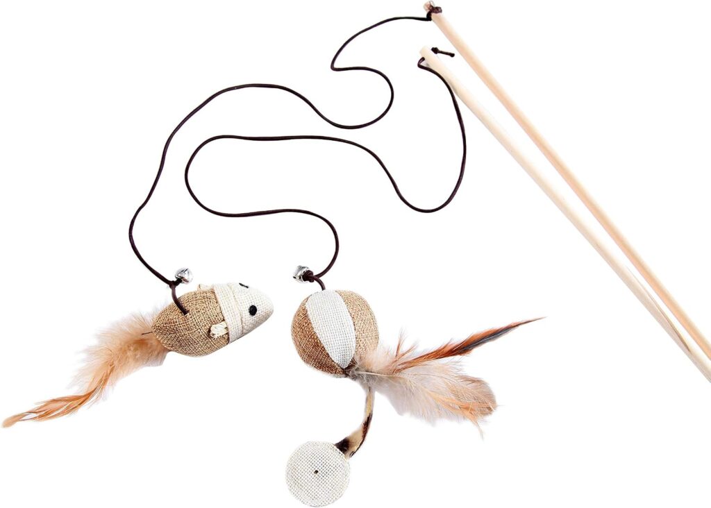LukPaw natural sisal kitten wand toy set with mouse bell feather and wood rod