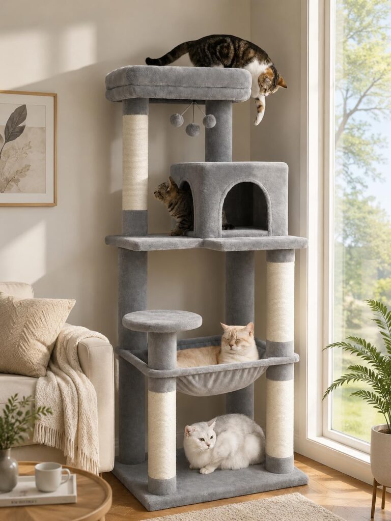 MUTTROS 56.3-inch cat tower with metal hammock, two-door condo, and wide top perch