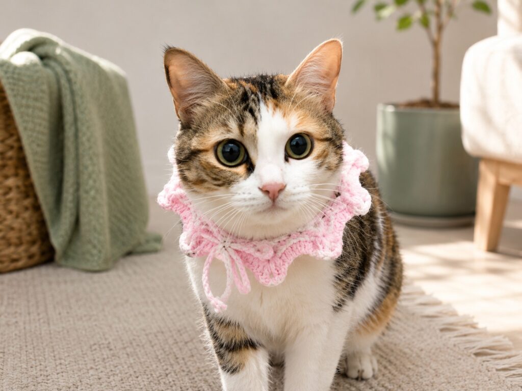 Calico cat wearing a soft pink ruffled crochet neck warmer