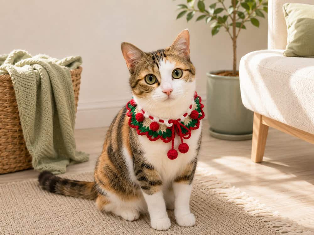 Red and green holiday crochet neck warmer for a cat
