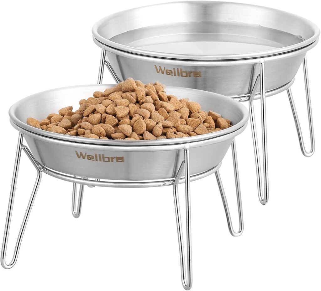 Wellbro Elevated Cat Bowls Wellbro elevated stainless steel cat bowls with metal stand for food and water