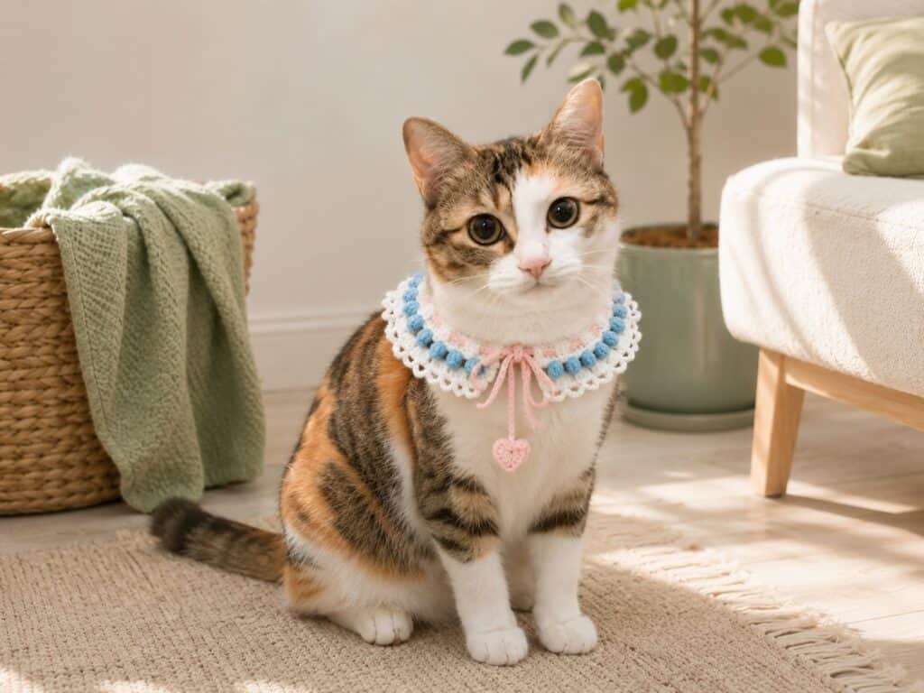 White crochet cat neck warmer with blue decorative details