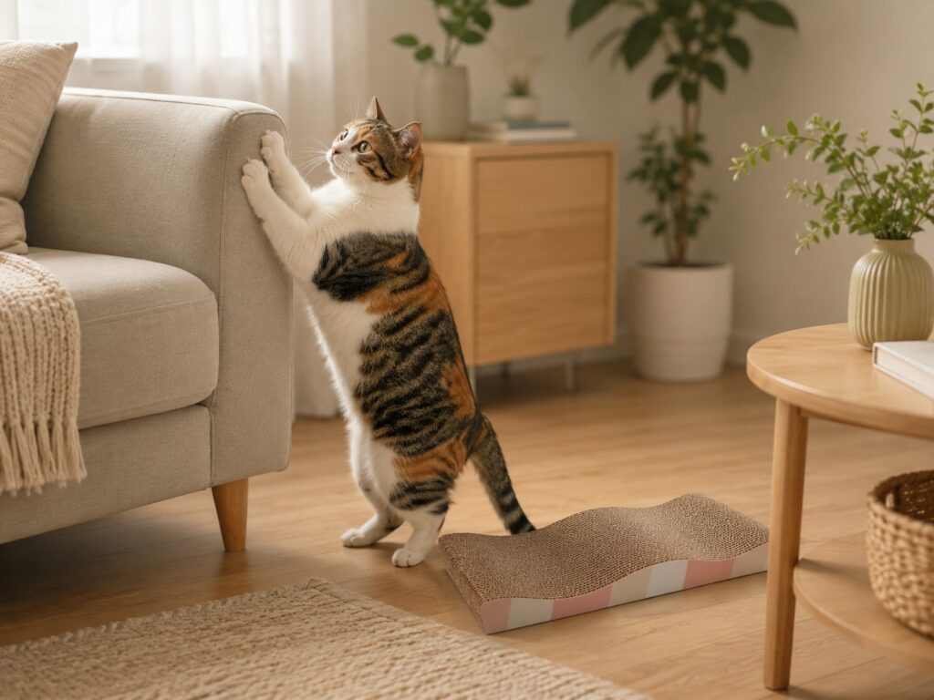 A cat beside a sofa and scratching post in a cozy living room