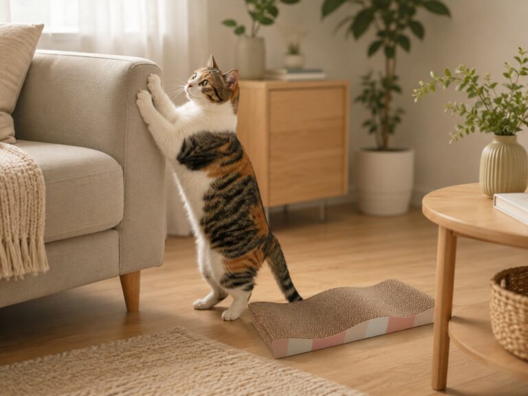 A cat beside a sofa and scratching post in a cozy living room