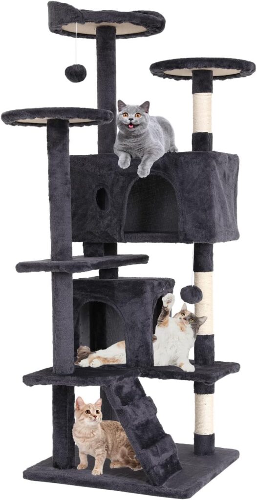 Yewuli 54-inch budget cat tower with three platforms and two enclosed resting rooms