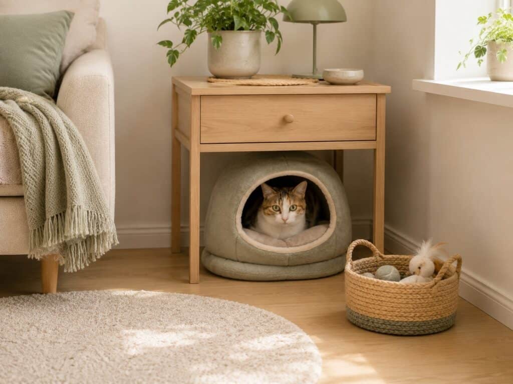 Cat hideaway with a small toy basket in a cozy apartment corner