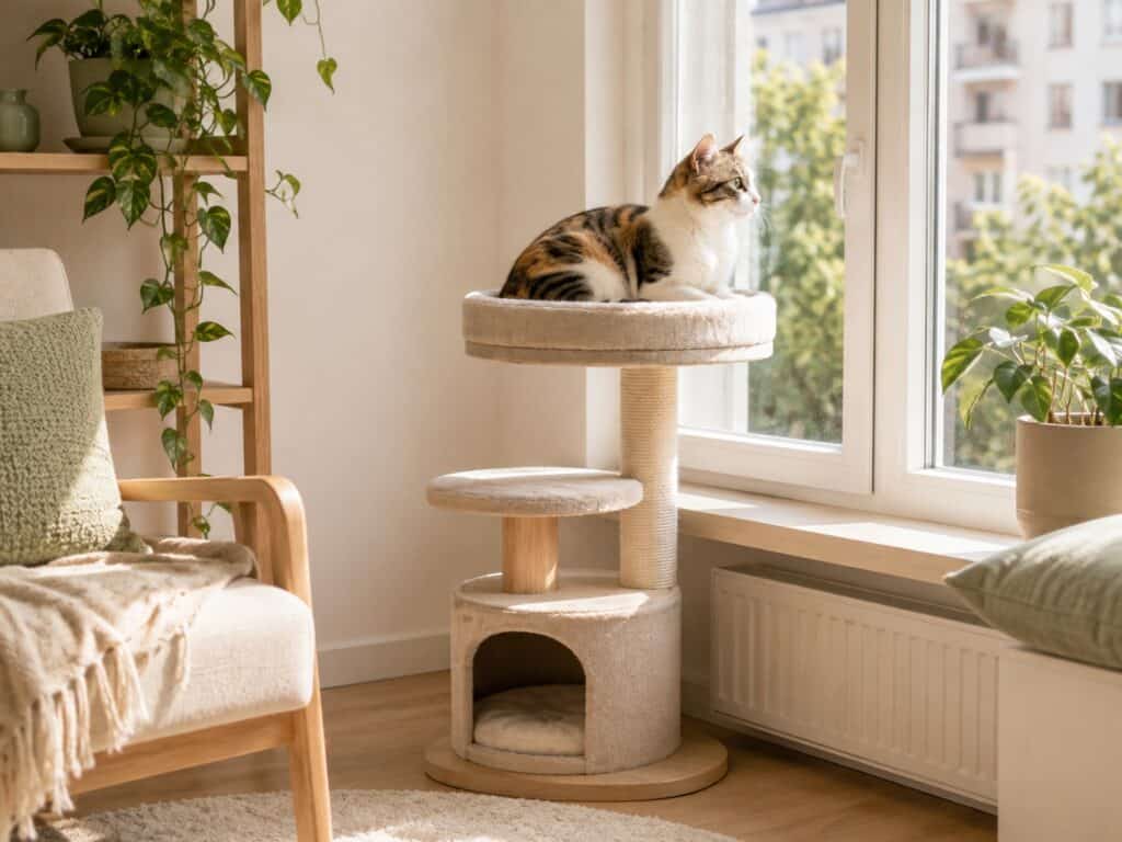 Cat Tree by the Window Compact cat tree beside a sunny window in a small apartment