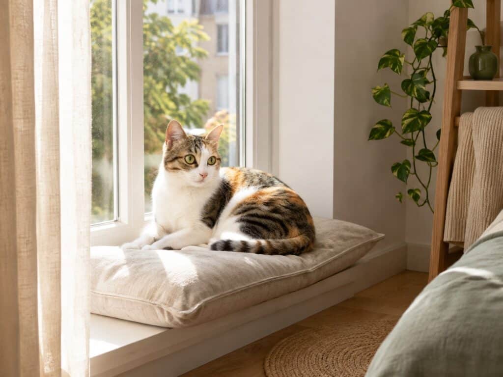 Simple Cat Windowsill Cushion Idea Calico cat resting on a soft windowsill cushion in a sunny apartment