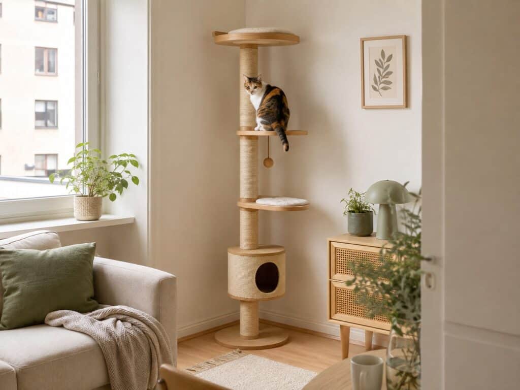 Compact cat tree using vertical space in a small apartment