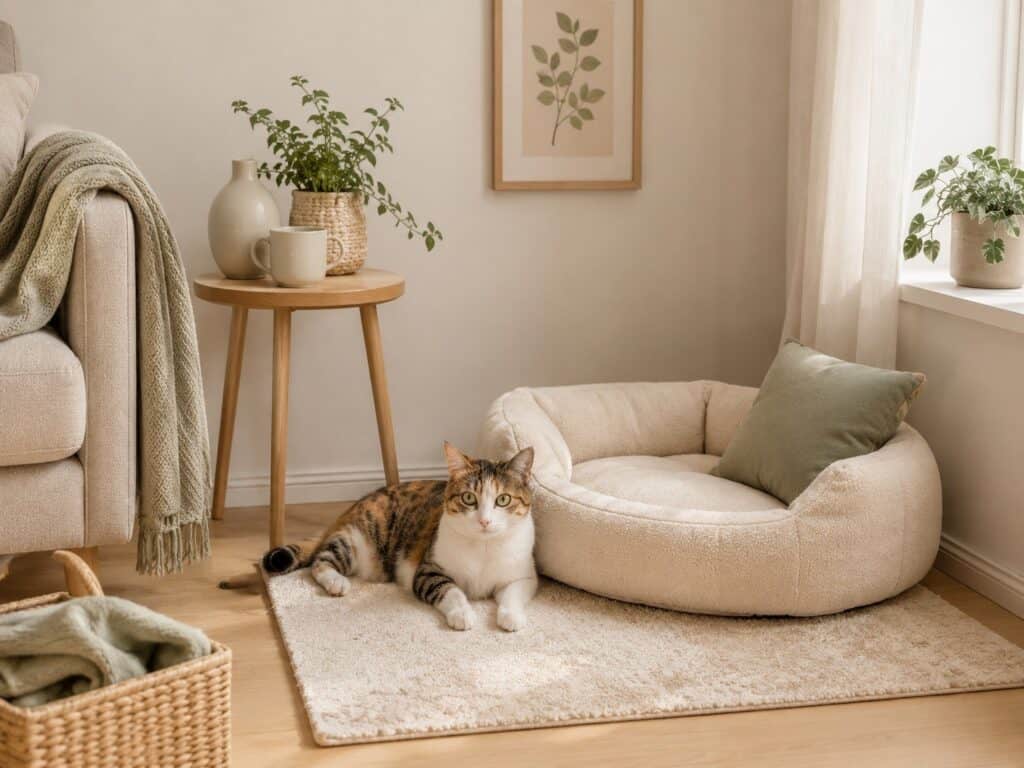 Cozy cat bed and washable rug in a small apartment corner