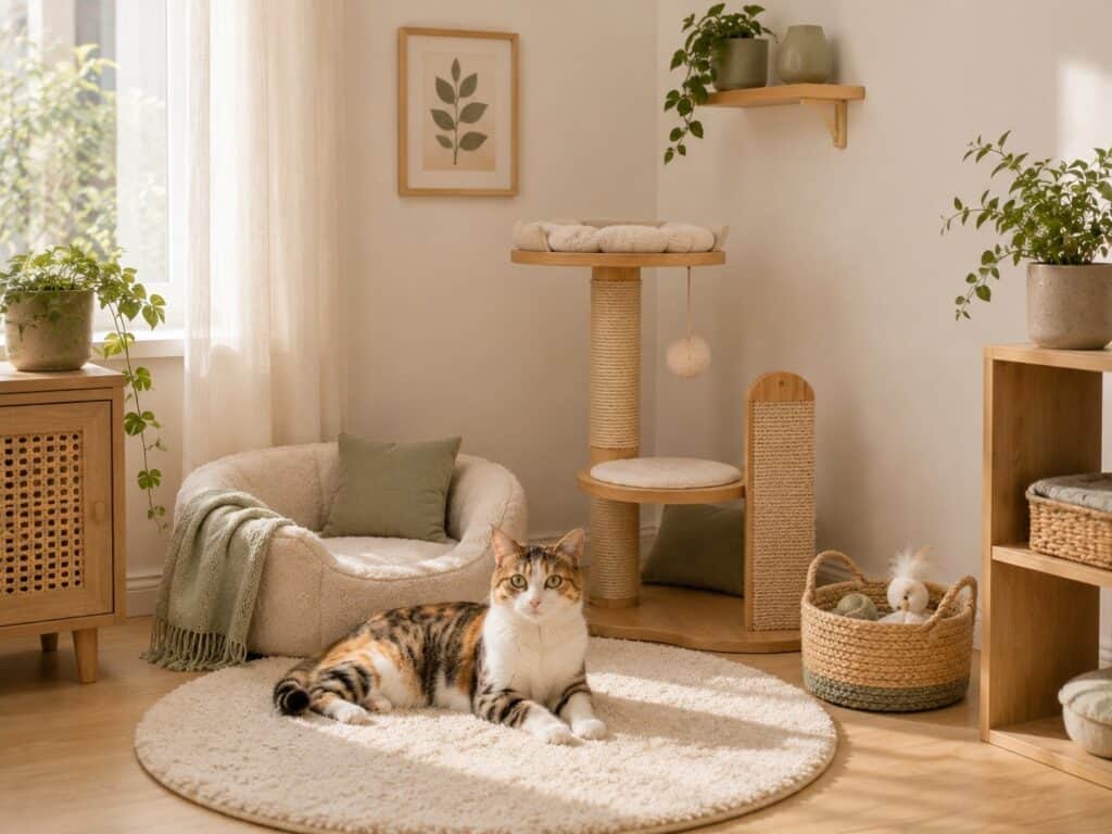 Complete cozy cat corner setup for a small apartment