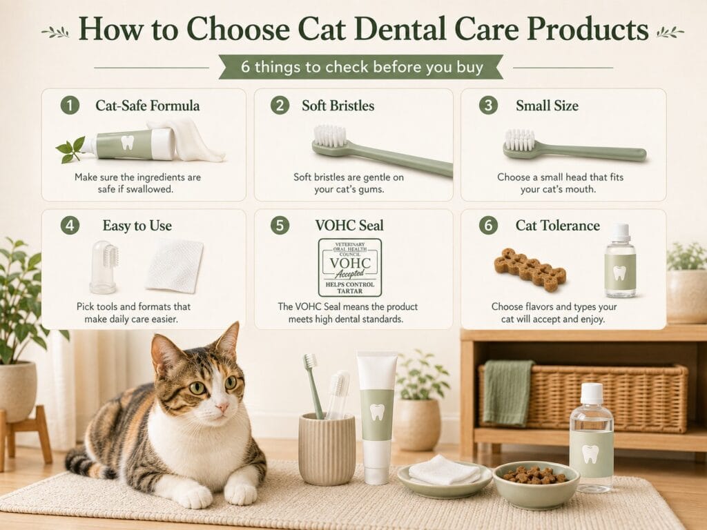 How to Choose Cat Dental Care Products How to choose cat dental care products based on formula, bristles, size, ease of use, VOHC seal, and cat tolerance