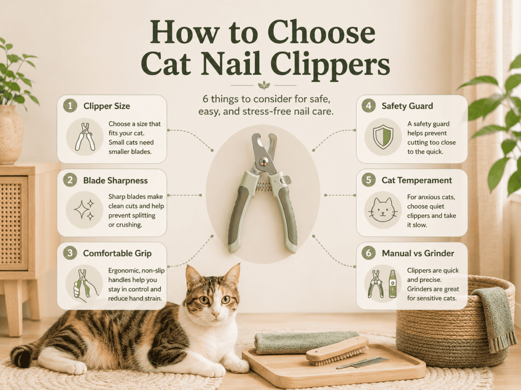 How to choose cat nail clippers based on size, sharpness, grip, safety guard, temperament, and tool type