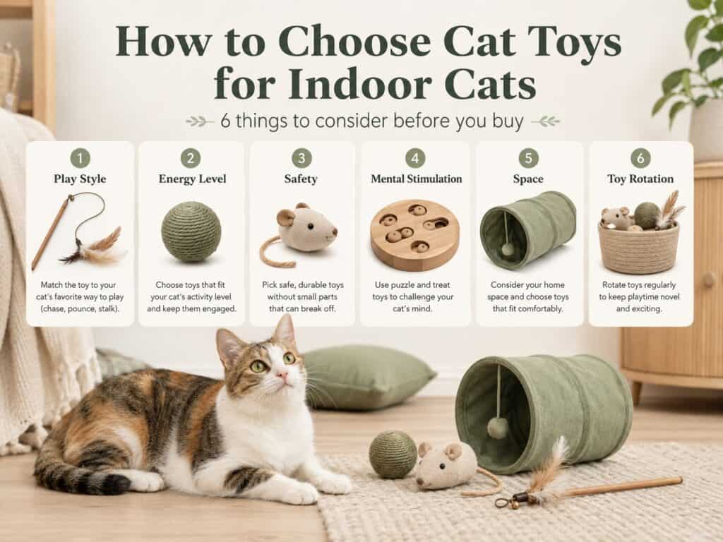 How to choose cat toys for indoor cats based on play style, energy, safety, enrichment, space, and toy rotation