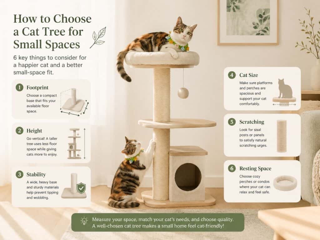 How to choose a cat tree for a small space based on footprint, height, stability, cat size, scratching, and resting space