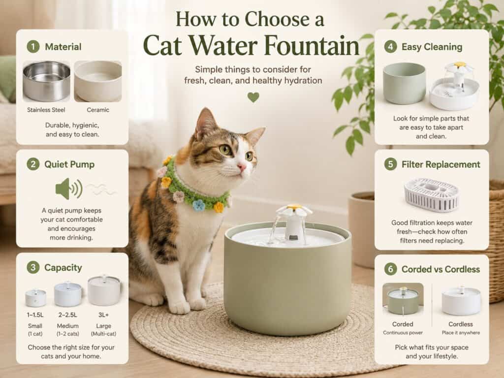 How to Choose a Cat Water Fountain How to choose a cat water fountain based on material, noise, capacity, cleaning, filters, and power type