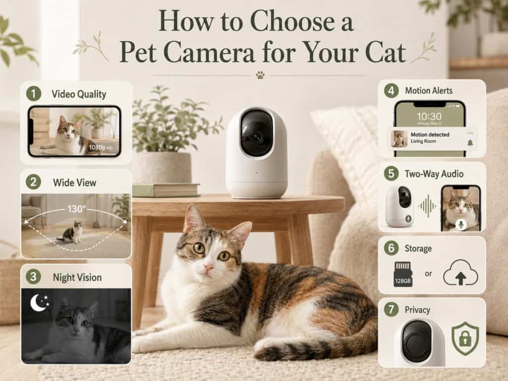 How to Choose a Pet Camera for Your Cat How to choose a pet camera for cats based on video quality, viewing angle, night vision, alerts, audio, storage, and privacy