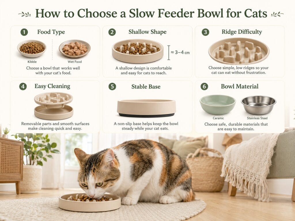 How to Choose a Slow Feeder Bowl for Cats How to choose a slow feeder bowl for cats based on food type, shape, difficulty, cleaning, stability, and material