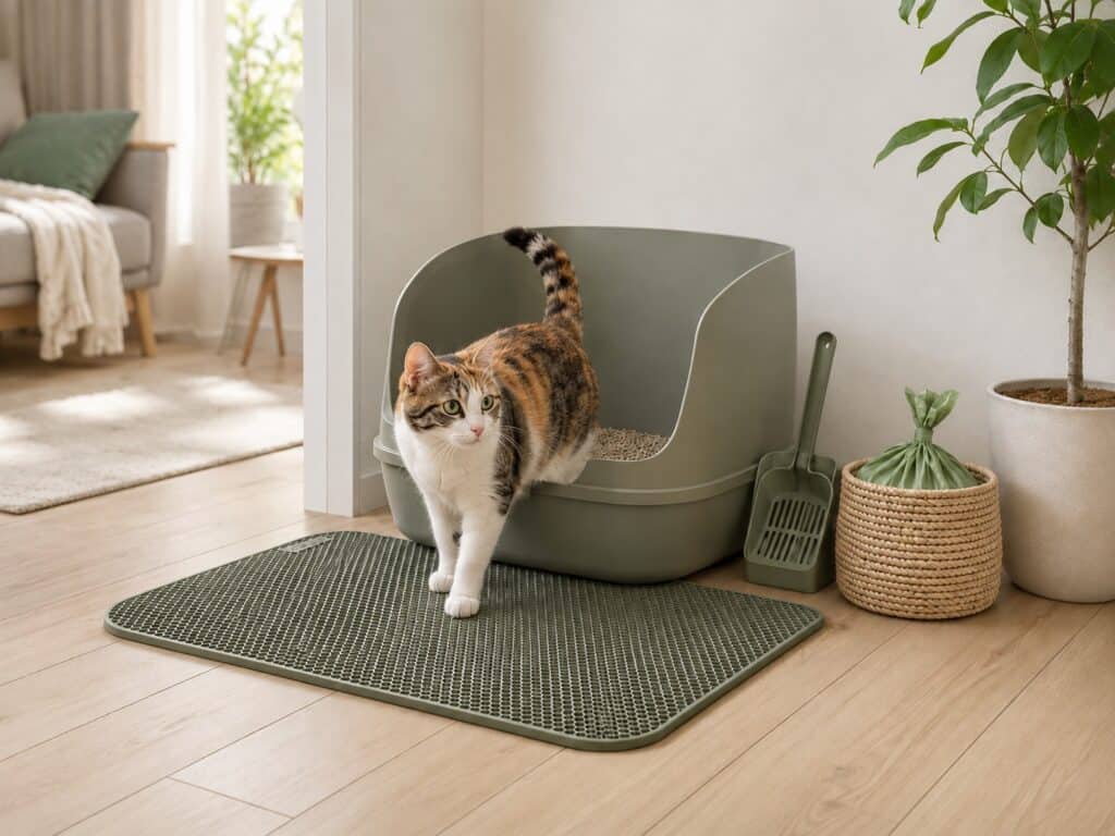 Low-Tracking Litter Setup for Cleaner Floors Low-tracking cat litter setup with a high-sided litter box and litter mat for cleaner floors