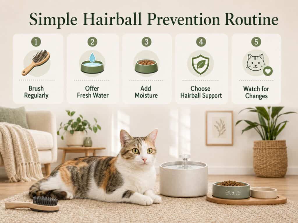 Simple Hairball Prevention Routine Simple hairball prevention routine for indoor cats with brushing, hydration, moisture, and regular monitoring