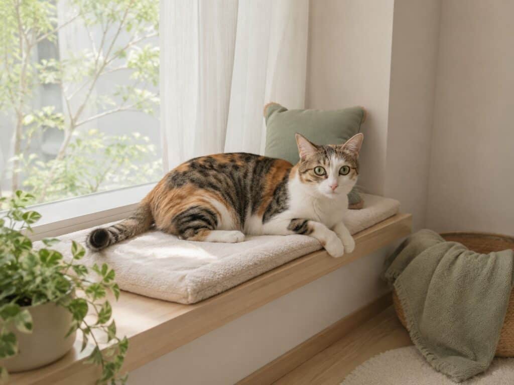 Calico cat relaxing in a cozy window corner in a small apartment