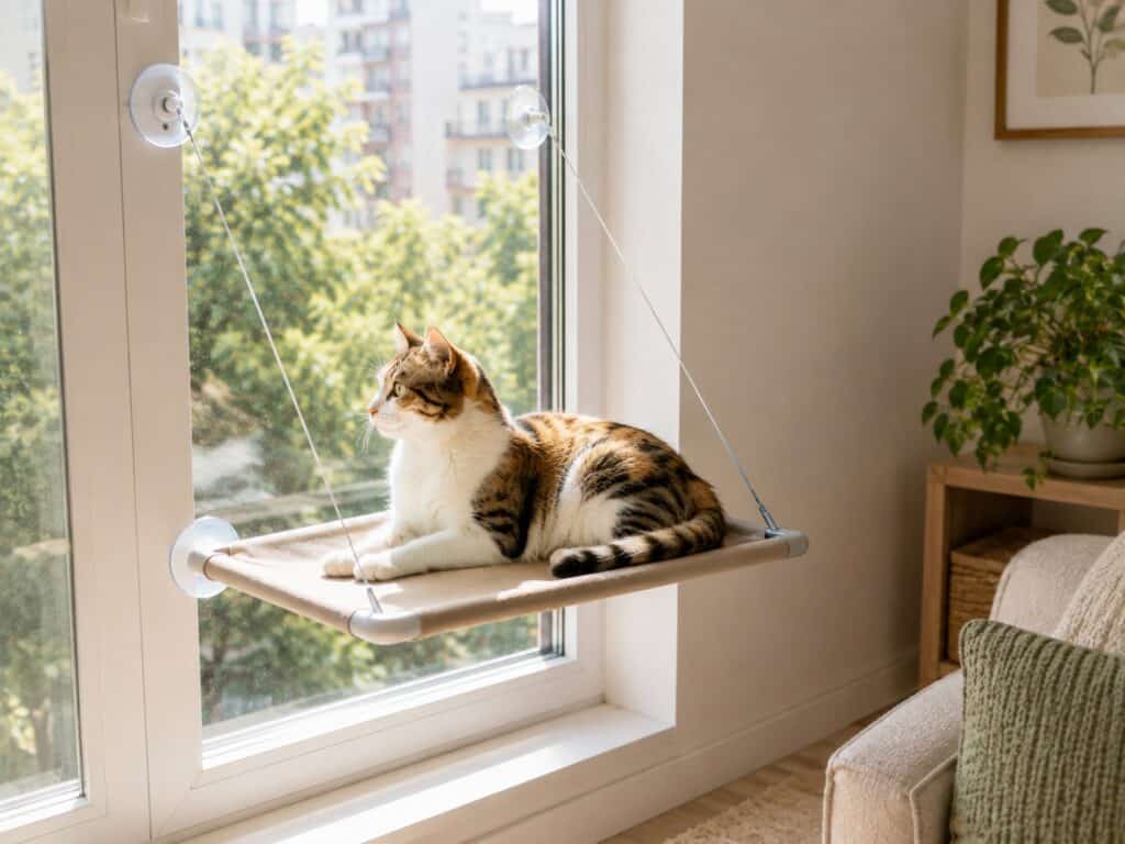 Suction-Cup Cat Window Perch Calico cat resting on a suction-cup window perch in a small apartment