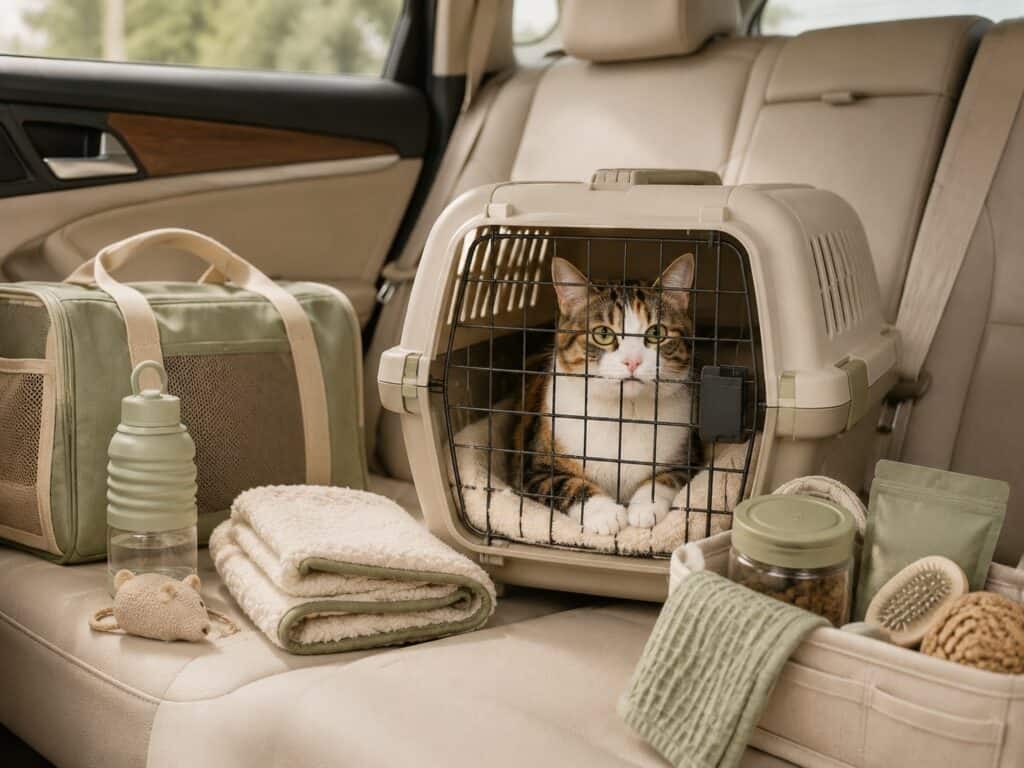 Calico cat sitting safely in a carrier with travel accessories inside a car