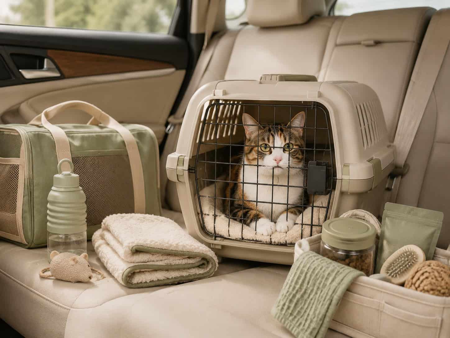 Calico cat sitting safely in a carrier with travel accessories inside a car